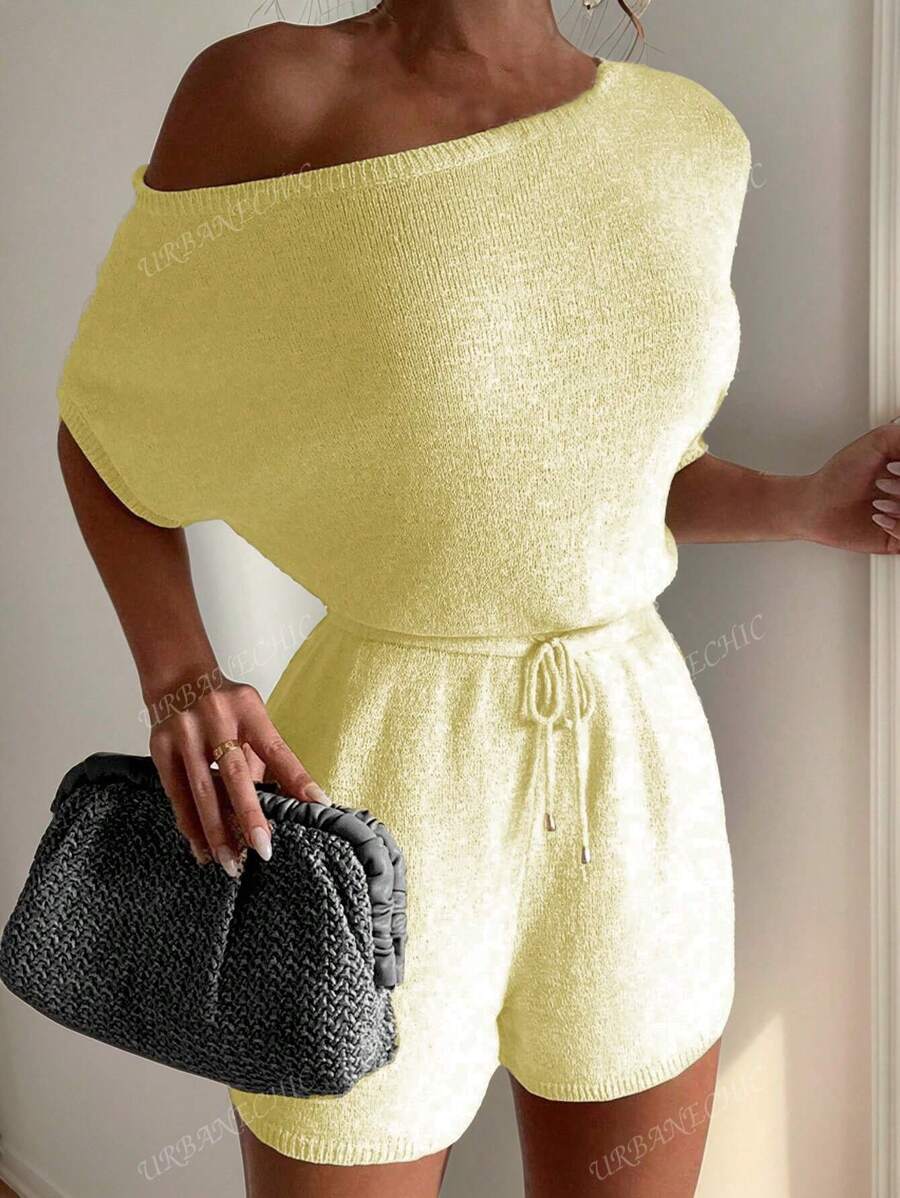 Women's Solid Color Round Neck Short Sleeve Waist Tie Knit Romper, Suitable For Daily Wear, Beach, Pool, Party, Outing, Dating, Music Festival, Home - Butter Yellow