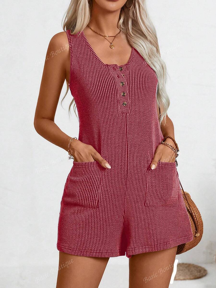 Monos de verano para mujer de unicolor, sin mangas, acanalados, informales, con bolsillos