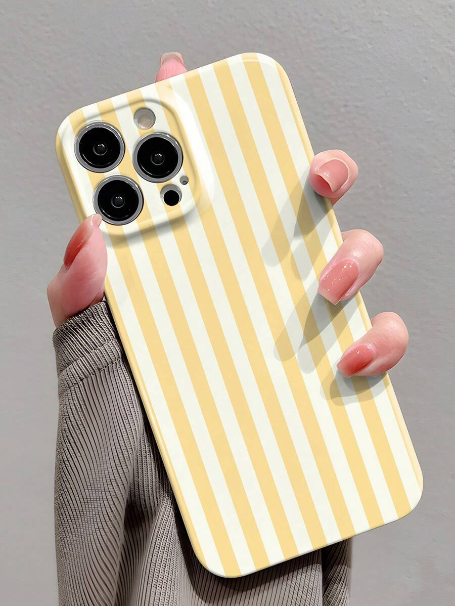 1 pieza Funda de teléfono con patrón de rayas minimalista y estilo niña, acabado brillante y perforado, compatible con iPhone 11/12/13/14/15/16 Pro Max