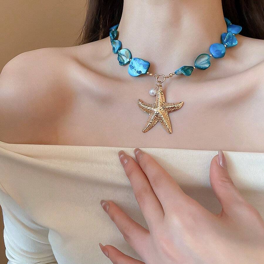 Andkiss 1pc Ocean Vacation Style Faux Shell & Pearl Asymmetrical Geometric Necklace