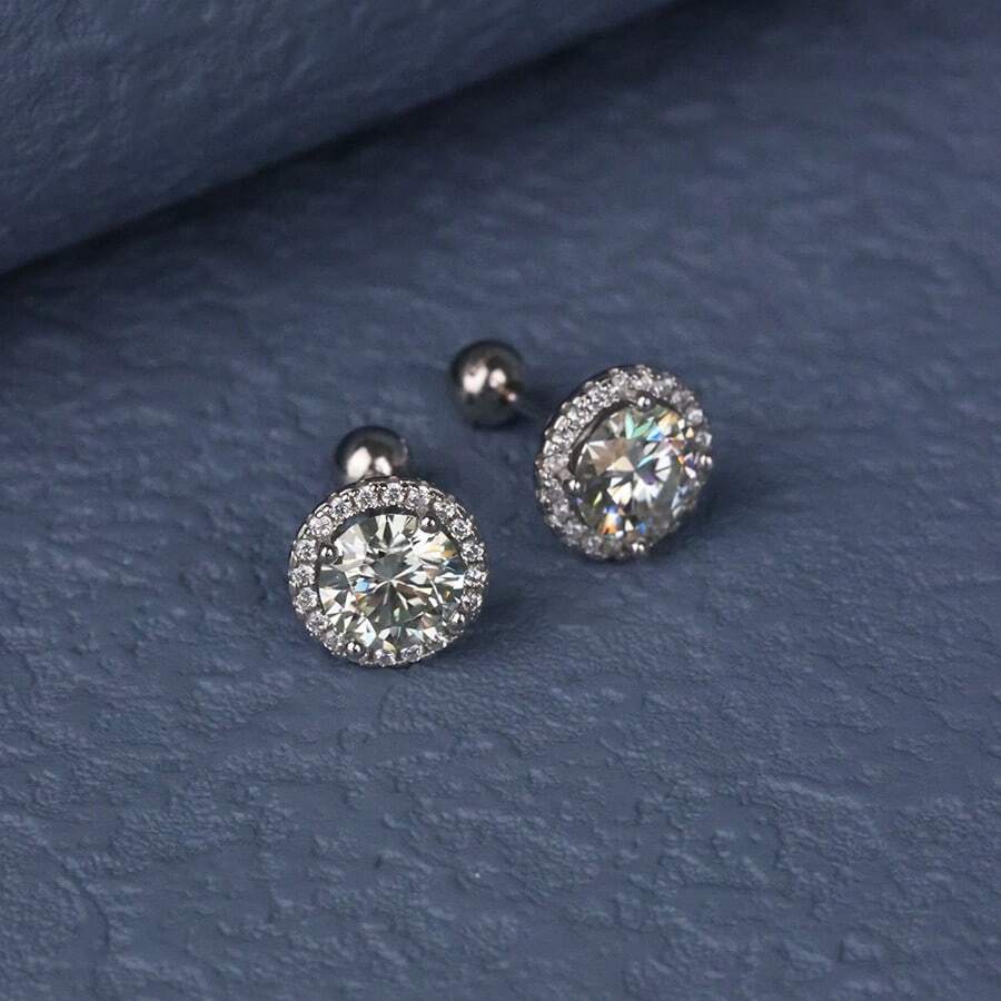 1ct*2pcs Classic Round Moissanite 925 Sterling Silver Stud Earrings, Fashion Versatile Birthday Anniversary Valentine's Wedding Gift, Black Moissanite, Comes With Certificate And Gift Box