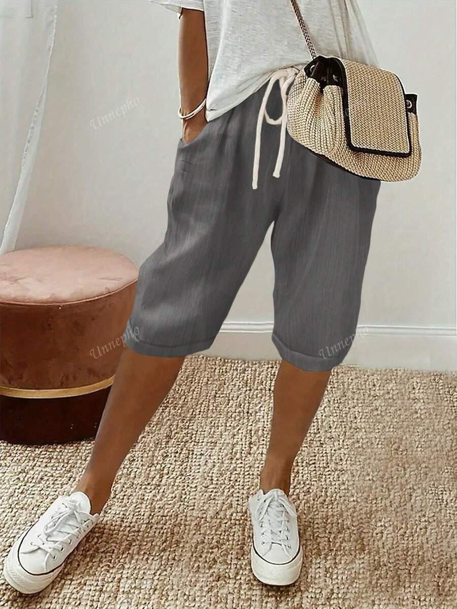 Women's Solid Color Drawstring Pocket Casual 5th Length Shorts