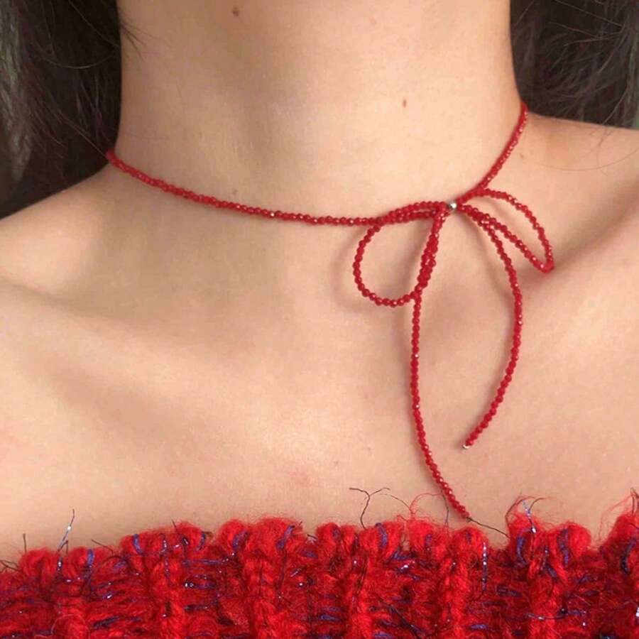 1 gargantilha com contas de cristal e laço vermelho para mulheres, corrente elegante para clavícula