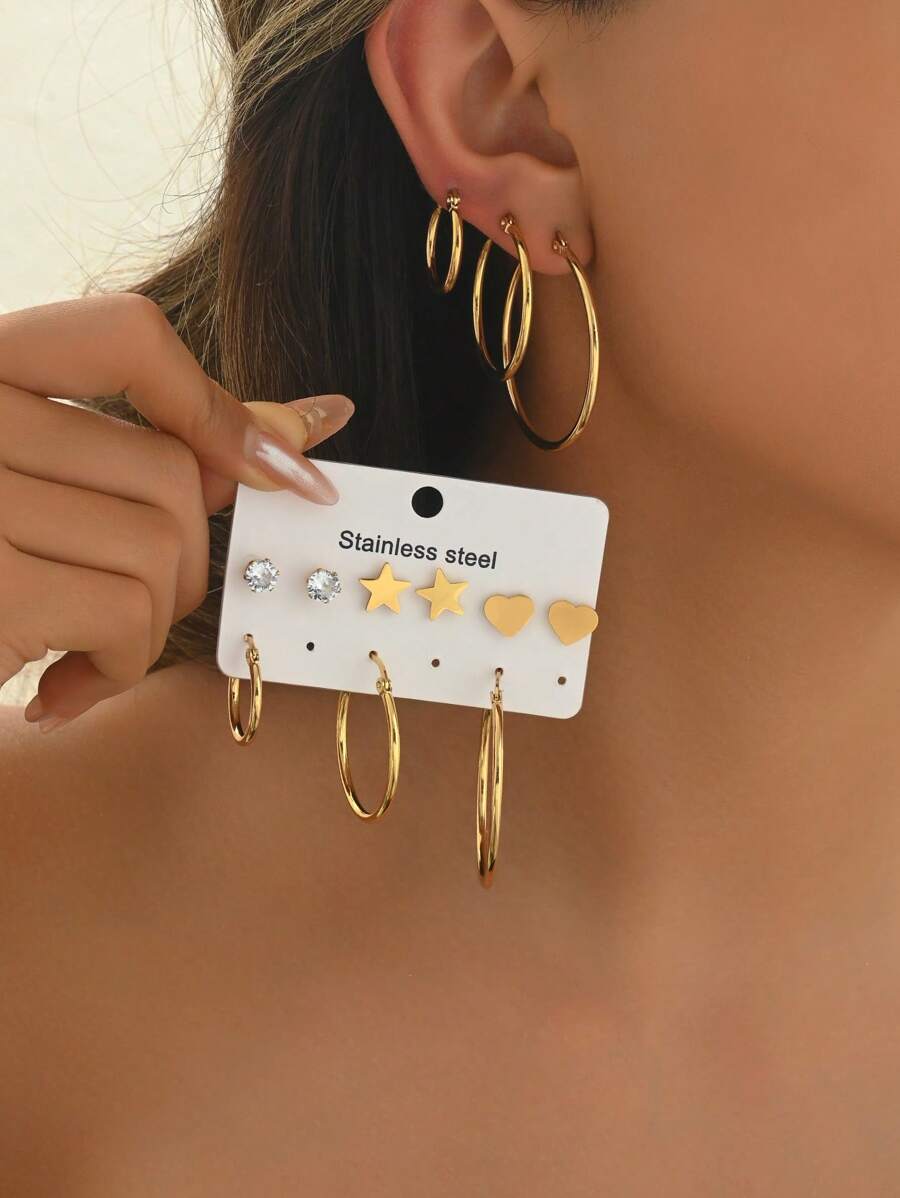 12pcs Set Minimalist Fashion Large Circle Star & Heart Stainless Steel Earrings, Versatile Party Jewelry For Women