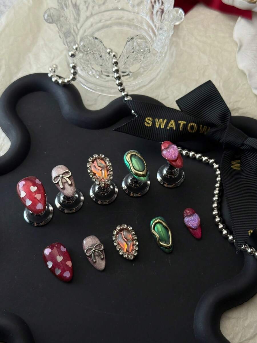 10 Peças Unhas Artesanais Estilo Boêmio, Design de Olho de Gato de Pitaia, Formato de Amêndoa Curto, Feito à Mão Clássico por Mulheres e Meninas, com 1 Peça de Gel e 1 Peça de Lixa anexadas