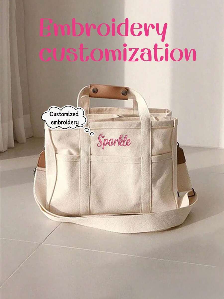 1PC Personalized Ins Multi-Compartment Mom Bag For Women, Multi-Functional Mother And Baby Bag Canvas Crossbody Bag, Large Capacity Embroidered Custom Letter Tote Bag, Fashionable And Versatile Portable Handbag For Moms To Go Out, Multi-Functional Diaper And Baby Bottle Storage Handbag With Stroller Hook Bag, Suitable For Daily Use, Can Be Given As A Gift To Family, Friends, Mother's Day Gift, New Mom Gift.