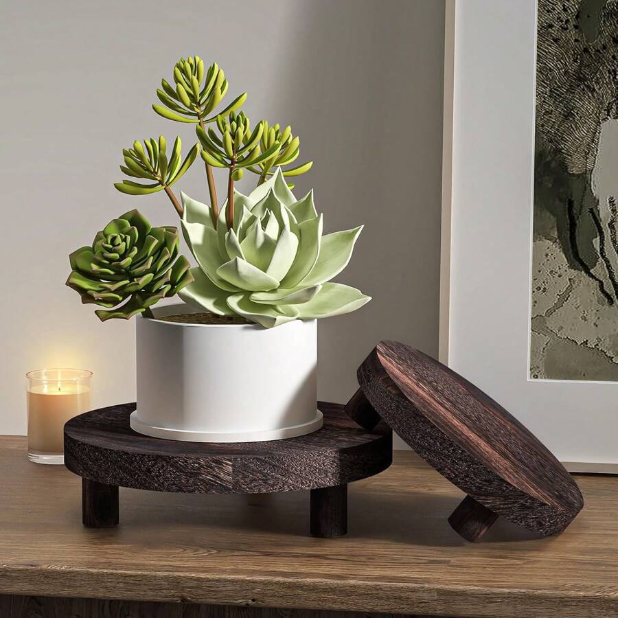 Wooden Risers For Display Wood Pedestal Stand Mini Tray Stand Round Wooden Pedestal Holder Rustic Riser For Decor Tiered Tray Decor Home Kitchen, Distressed Wood Risers Farmhouse Pedestal Display Stand Rustic Pedestal Stand Beaded Decor For Tiered Trays Home (Brown)
