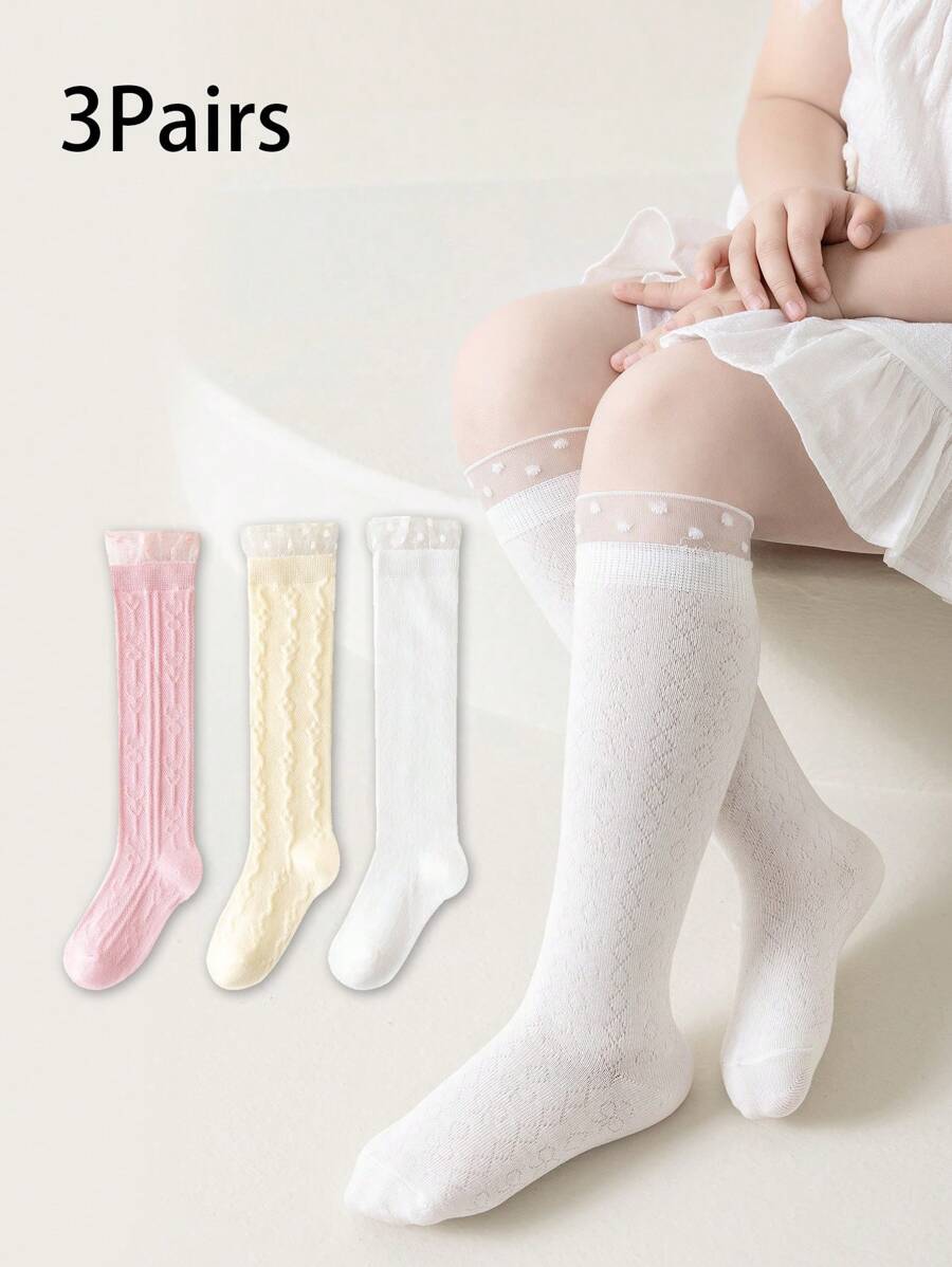 3 Pairs Floral Textured Mesh Kids Crew Socks, Spring/Summer