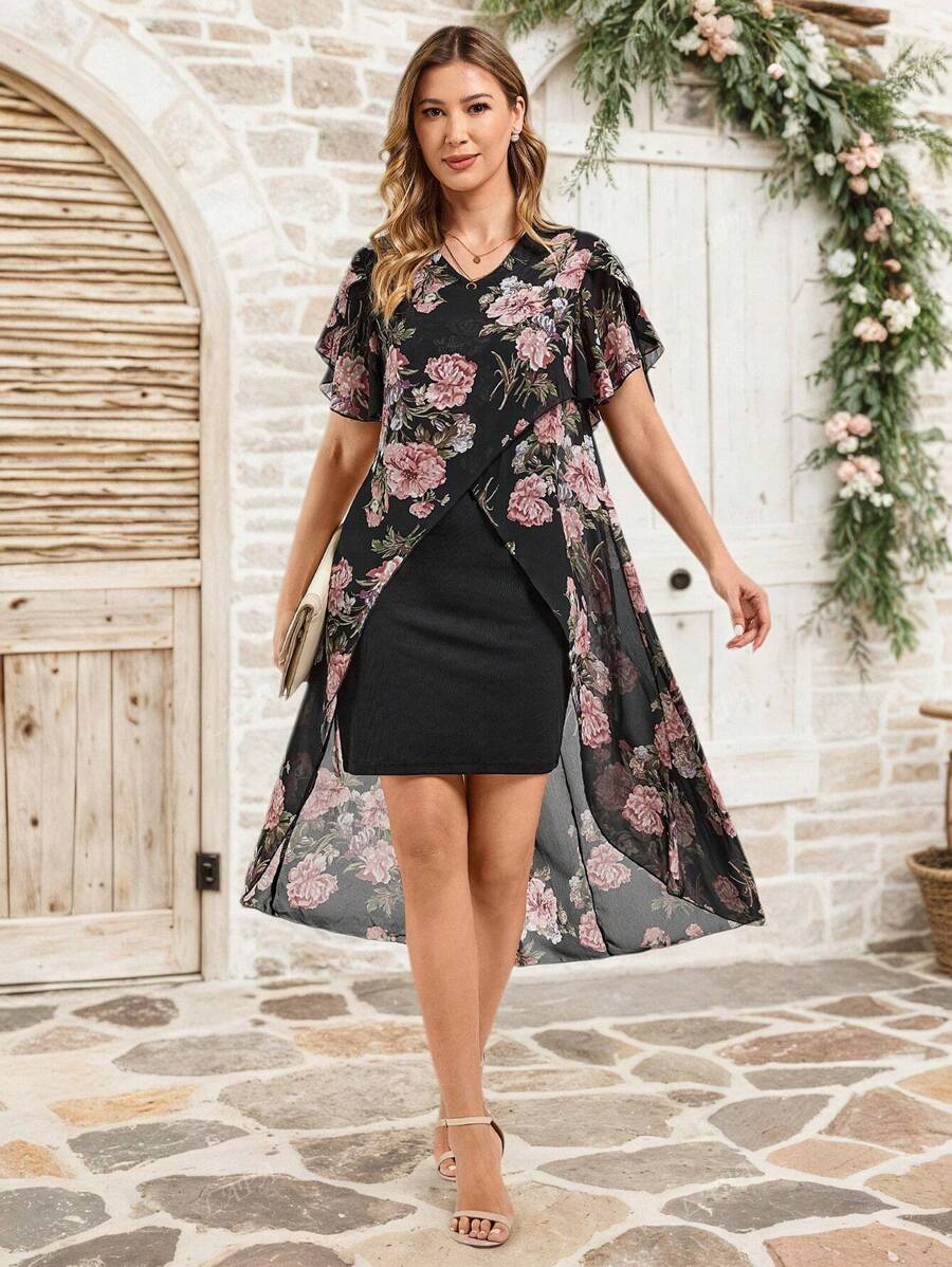 Conjunto informal de 2 en 1 de verano con estampado floral elegante de gasa asimétrico