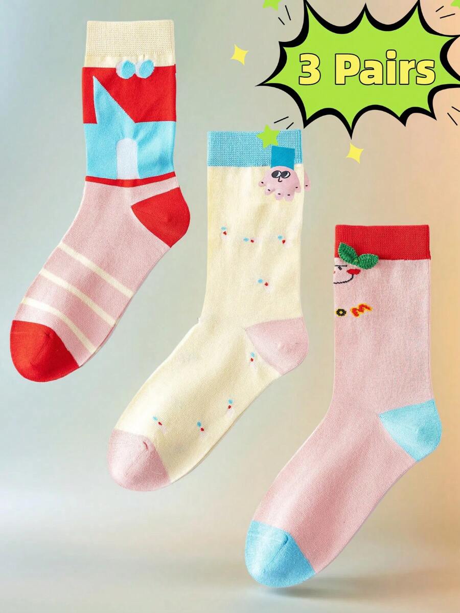 3 pares de calcetines medianos de mujer con diseño de dibujos animados lindos - diseño de bloques de color ligero, tela suave, adecuados para primavera/verano, uso diario