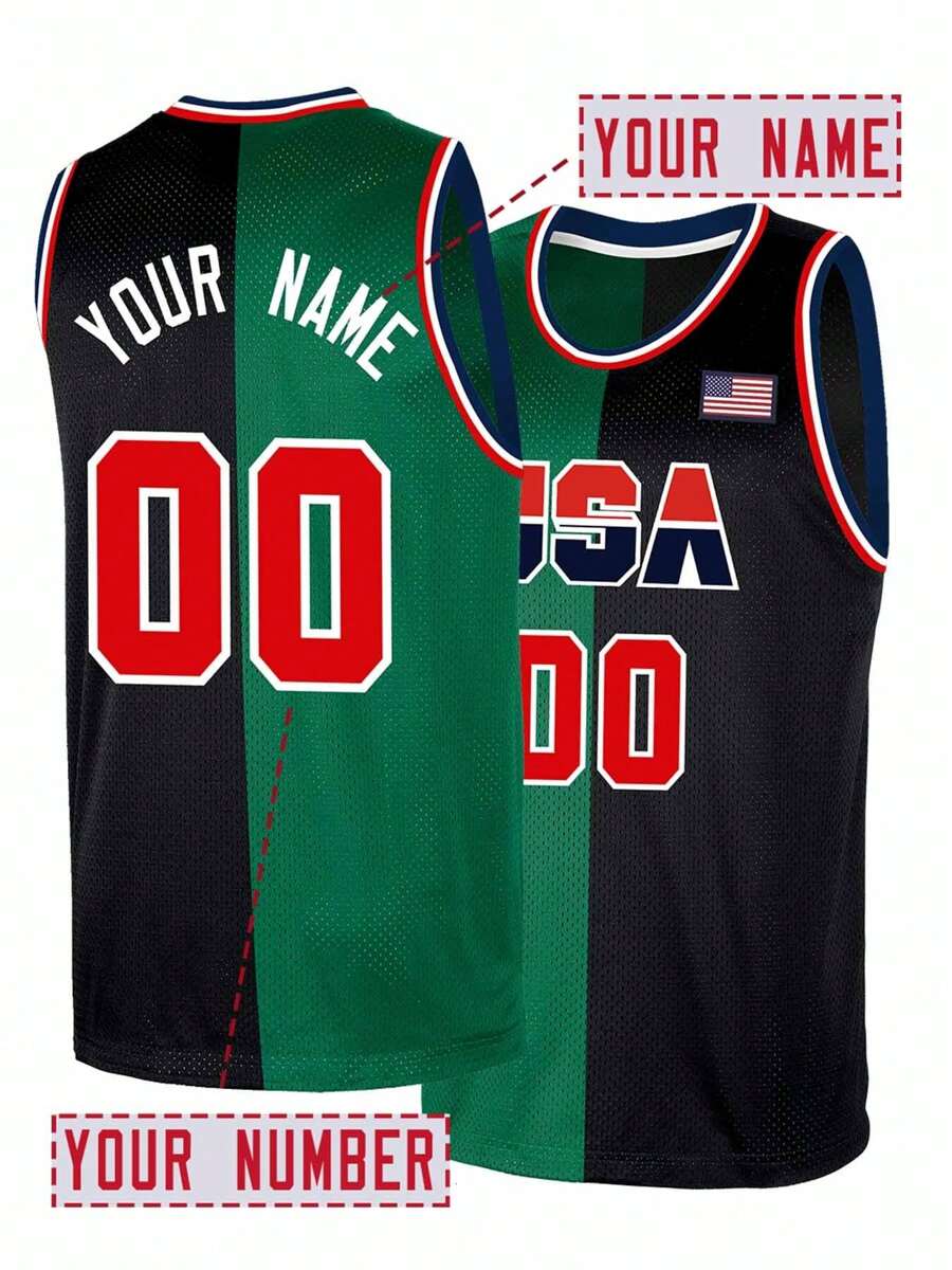 Customized Name And Number Men's Embroidered Basketball Jersey USA Black And Green Round Neck Personalized Sleeveless Shirt Party Game Training Competition Sports Top DIY S-Xxl
