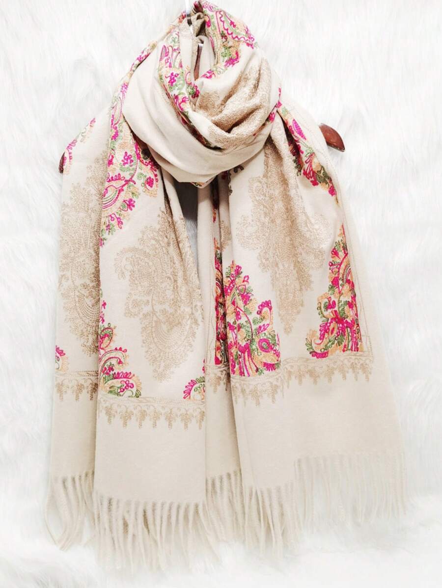 1 pièce Écharpe de femme en imitation cachemire brodée pour l'automne et l'hiver, épaissie et chaude, avec des glands, châle de voyage et cape style bohème brodé