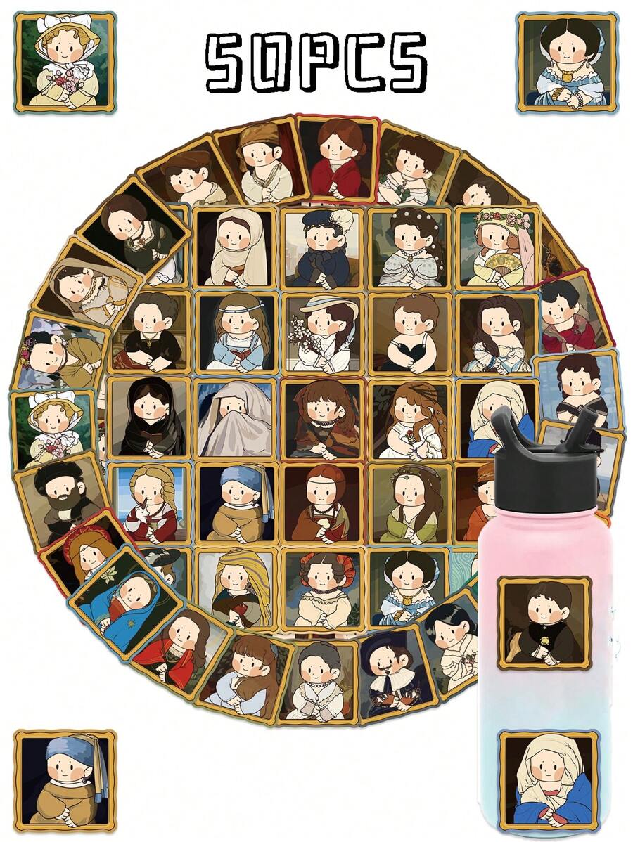 50 piezas de Adhesivos decorativos de versión de dibujos animados de famosas pinturas del mundo, graffiti, para estuche de teléfono, cuaderno, iPad, vaso de agua, a prueba de agua