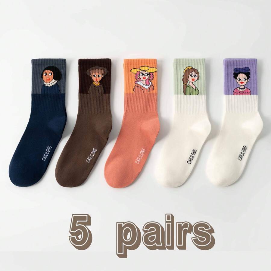 5 Pairs Unisex Assorted Color Cartoon Pattern Mid-Calf Fashionable Socks, Suitable For Daily Wear, Perfect Gift For Family And Friends