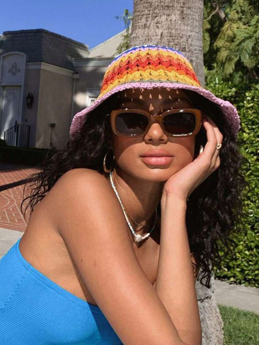 1 pièce Chapeau seau en paille rayé bicolore pour femmes, adapté pour le port quotidien, les sorties d'été et les vacances pour la protection solaire Boho