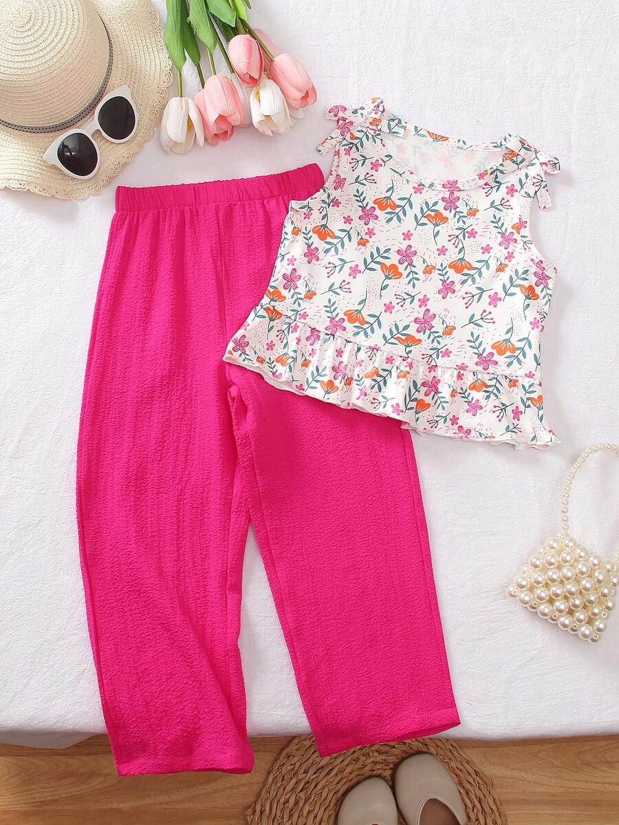 Set de 2 piezas para niñas pequeñas: Top sin mangas con volantes de estampado floral diminuto y pantalones largos de color rojo rosa, últimos diseños de moda para el verano