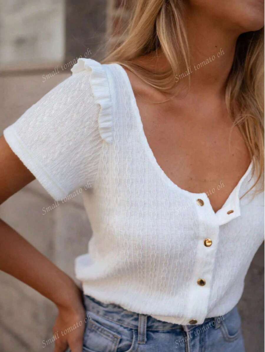 Elegante cardigan corto alla moda e monocolore, con maniche corte, in tessuto lavorato a maglia con bottone, orlo arricciato, adatto per uso casual a casa durante l'estate