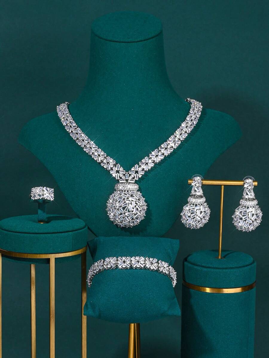 Saudi Arabia Middle East Dubai Luxury Bridal Jewelry Set, Cubic Zirconia Necklace Earrings 4 Piece Evening Jewelry Suit For Women, Wedding And Party