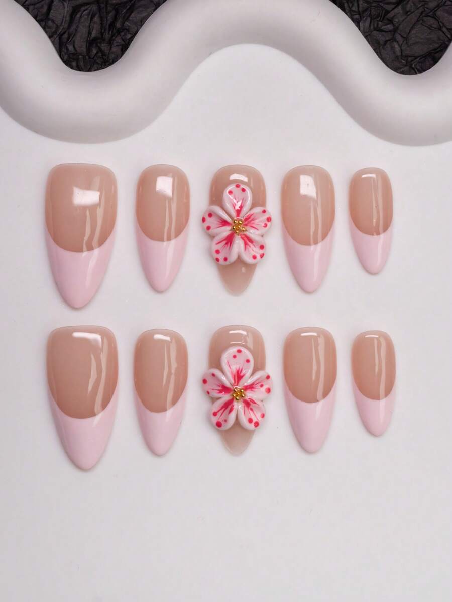 Spring/Summer Handcrafted Almond-Shaped Nail Tips In Y2K Girly Style, Available In Pink & Nude Colors With French Tips And Floral Decorative Elements, Suitable For Women And Girls, 10 Pieces/Set With 3 Size Options, Ideal For Parties, Galas And Everyday Wear, Includes Accessories Kit, Can Be Gifted To Women And Girls