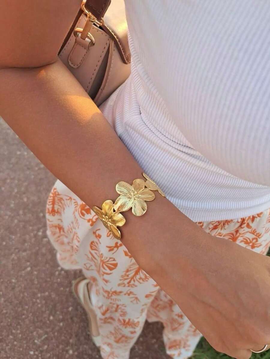 1 peça/conjunto de pulseira aberta com estampa de flores transfronteiriças, cor dourada, dia dos namorados, mãe, dia das mães, presente