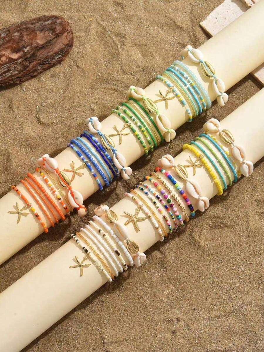 7pcs/Set Women Beach Vacation Seashell Starfish & Rice Bead Bracelets Boho Style Bangles