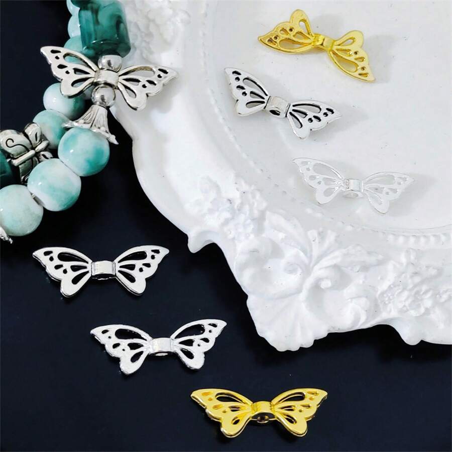 Zinc-Plated Alloy Perforated Butterfly Wing Spacer DIY Bracelet With Beaded Accessories, Retro Perforated Butterfly With Beaded Alloy Jewelry, Handmade Materials