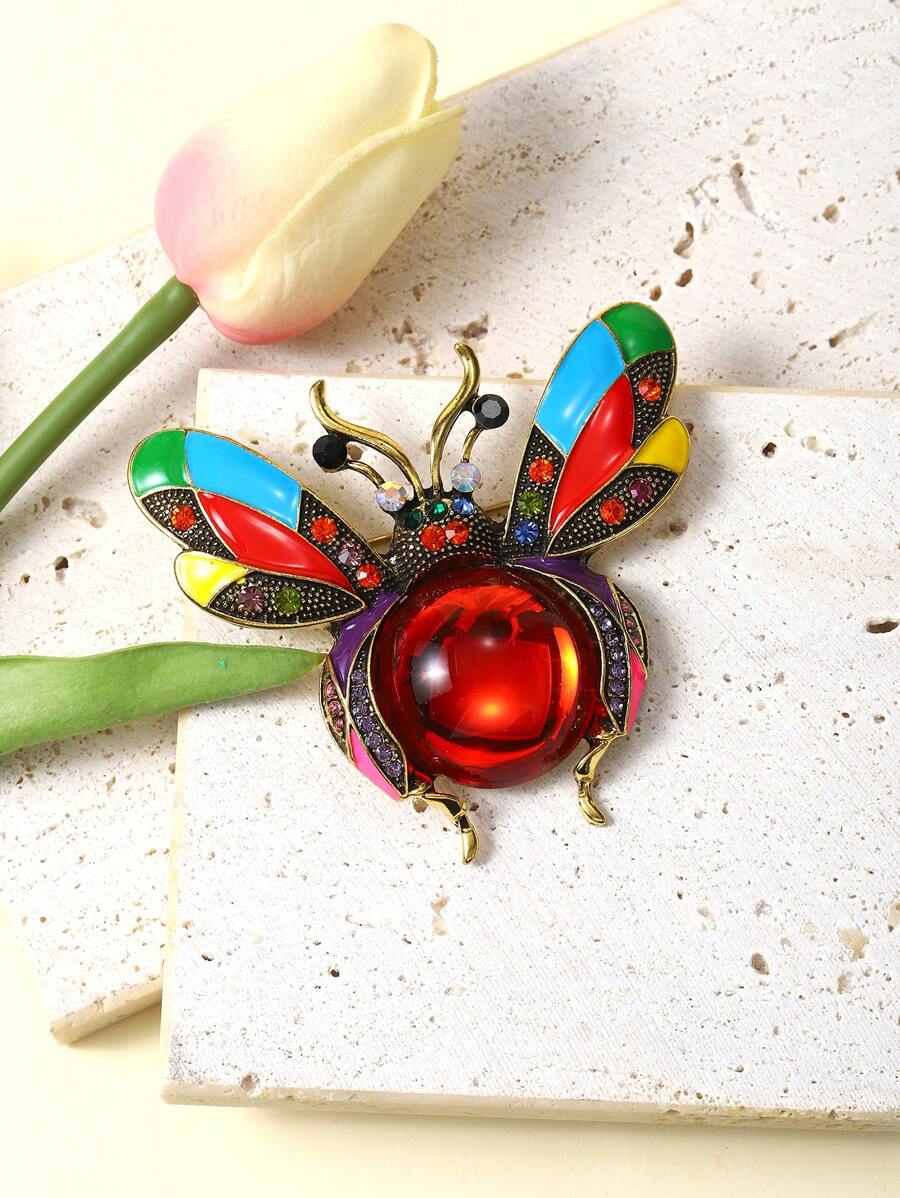 1 pieza Broche de abeja con gema roja y strass de color dorado, adecuado para mujeres