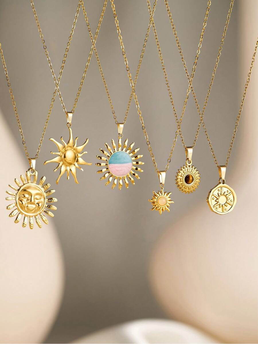 1 peça de colar de luxo em aço inoxidável banhado a ouro 18K com pingente de sol, sol, pedra branca incrustada, olho de tigre, hipoalergênico, adequado para namoradas, uso diário, deslocamento, atividades ao ar livre
