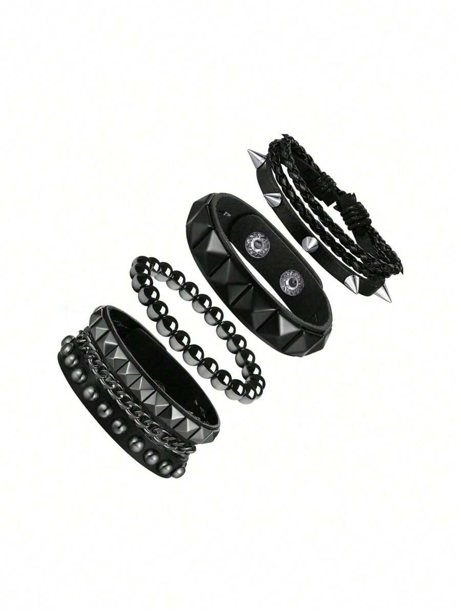 1/4 pièces Set de bracelets clouté punk - Bracelets en PU fait main avec clous, style piqué, style emo des années 80 pour hommes et femmes, bracelets PU avec rivets pour fête, cadeaux, bal de promo, Halloween