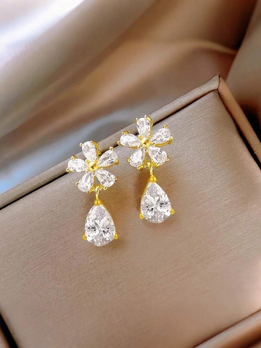 1 Pair Tear Drop Flower Stud Earrings, Elegant Zirconia Earrings For Women, Suitable For Daily, Party, Wedding And Other Occasions
