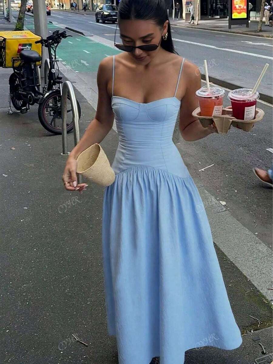 Women Solid Color Ruched Splice Elegant Casual Vacation Dress, Spring & Summer