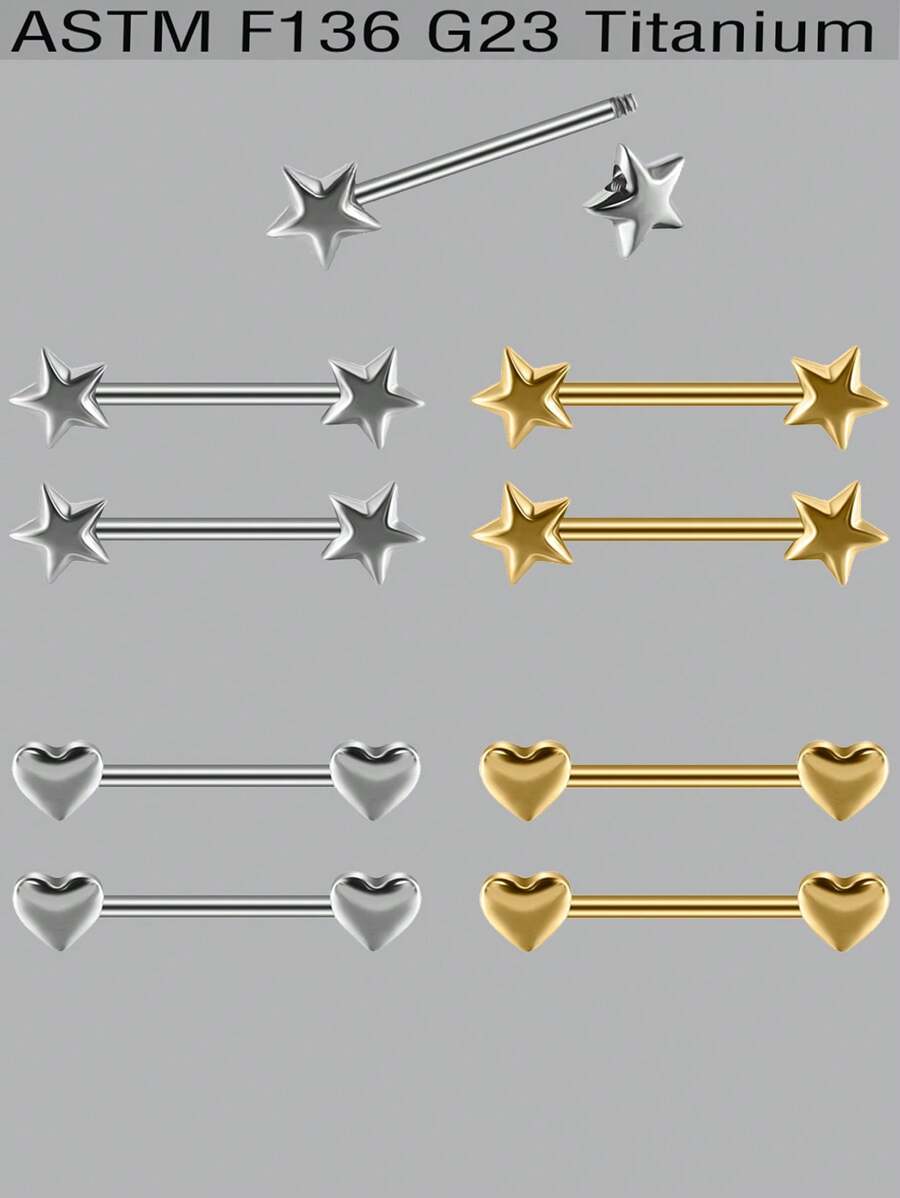 2 piezas Aro de piercing para pezón con anillo redondo de aleación de titanio de 14G con forma de estrella y corazón, con rosca, para uso diario y de fiesta, para hombres y mujeres, sexy y elegante