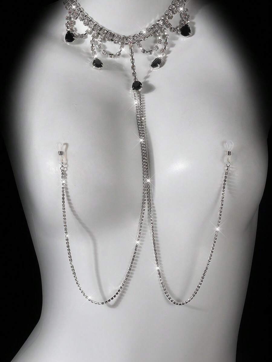 1pc Women's Sexy Accessory, Halloween Costume, Exotic Style Water Drop Rhinestone Necklace Chest Chain, Detachable, Suitable For Nightclub, Party Dress Or Daily Wear