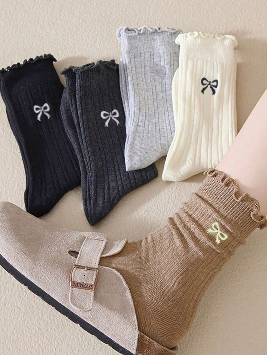 4 pares de calcetines tipo tripulación cómodos y versátiles para mujer con volantes y moños en un estilo aleatorio y dulce