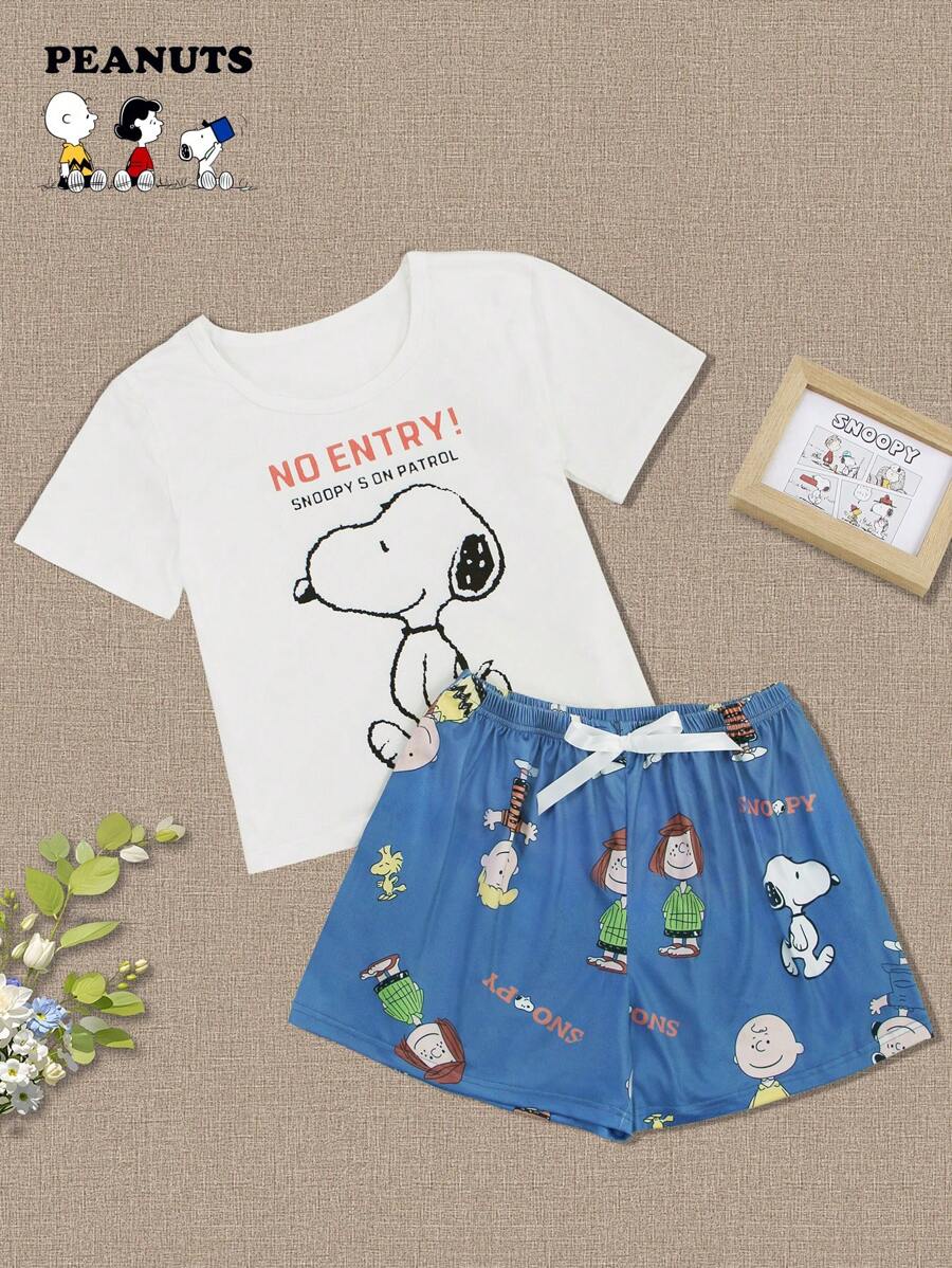 SNOOPY Authorized PEANUTS Snoopy 2pcs/Set Printed T-Shirt And Shorts, Casual And Comfortable Home Sleepwear Set For Summer Outfit