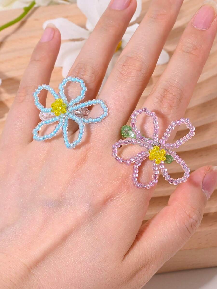 1 Stück charmiger Perlenblumen-Elastikring, farbenfroher & frischer Urlaubsstil, geeignet für Alltag, Party, Geschenke von Frauen, Ganzjährig
