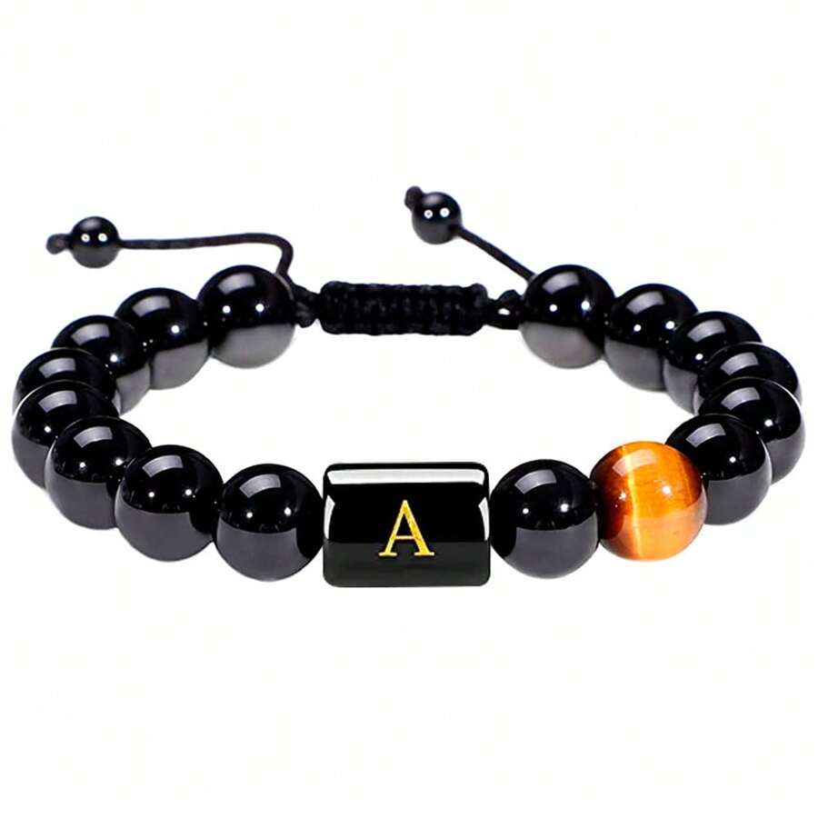 1pc Natural Black Agate 26 Letter Beaded Adjustable Braided Bracelet, Suitable For Various Occasions Like Festivals, Sports, Casual, Business Wear