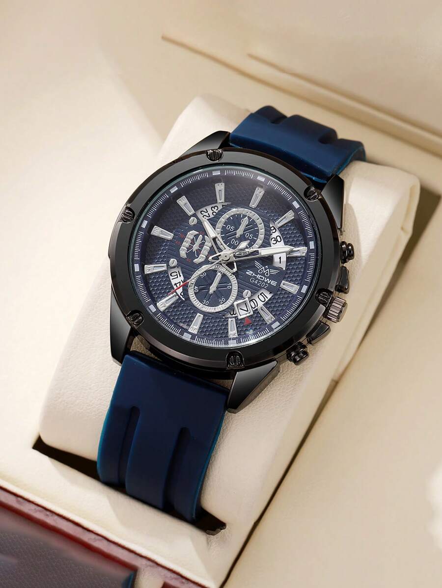1 pieza Reloj de cuarzo analógico con diseño de doble esfera falsa, correa de silicona de escala metálica plateada, moda para hombres de negocios y jóvenes