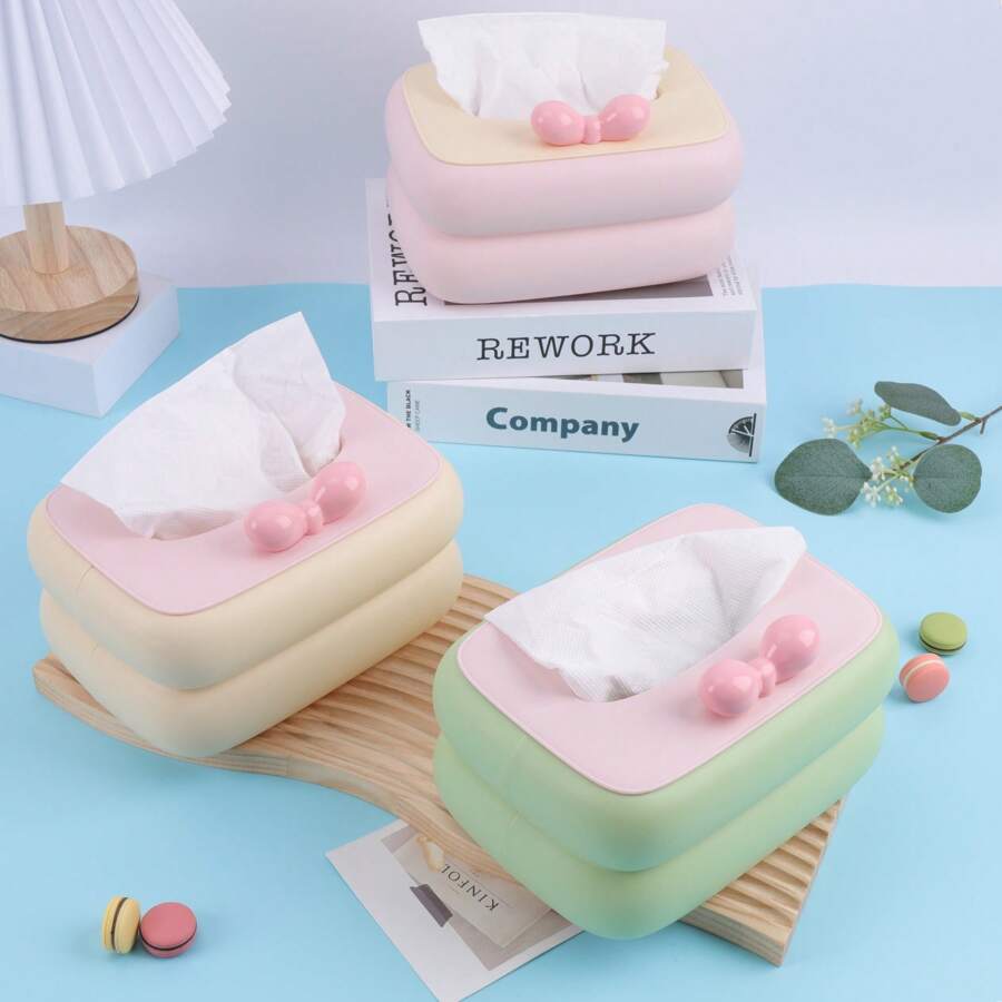Creative High-End Tissue Box, Living Room Paper Box, Bow Tissue Box, Dopamine Tissue Box, Household Paper Box, Cute Ribbon Spring Tissue Box, Pink, Creamy Yellow, Light Green