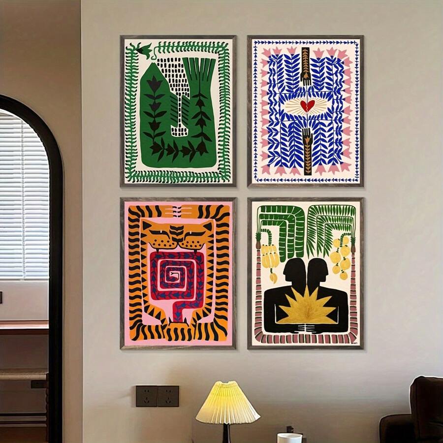 4pcs Set Vintage Egyptian Tiger & Leopard Canvas Art Prints - Modern Abstract Wall Decor For Living Room, Bedroom, Office, Kitchen, Dining, Bathroom - Unframed