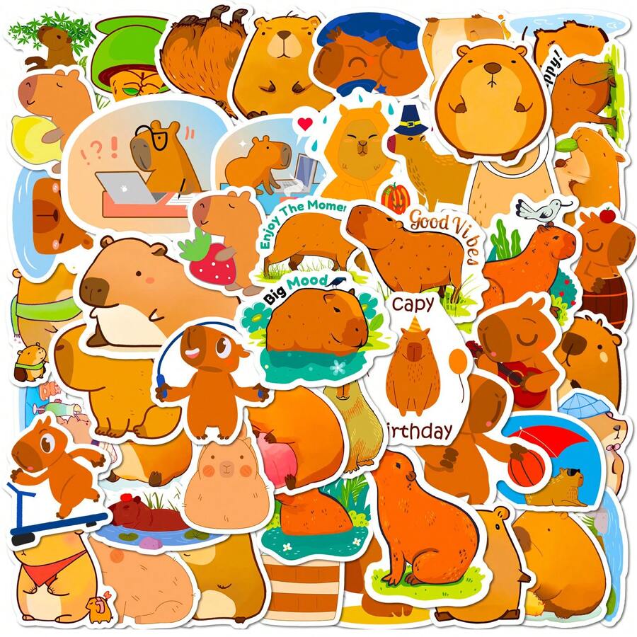 50 piezas de pegatinas de dibujos animados lindos de capibara, pegatinas impermeables de PP para scrapbooking, botellas de agua, monopatines, portátiles, planificadores, equipaje, recompensas en el aula, interacción padres-hijos, regalos de cumpleaños