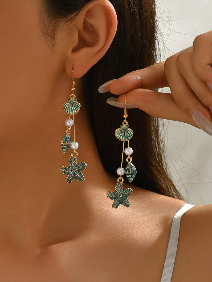 1 paire de boucles d'oreilles pendantes élégantes et avec coquillage et franges sur le thème de l'océan, parfaites pour les fêtes sur la plage