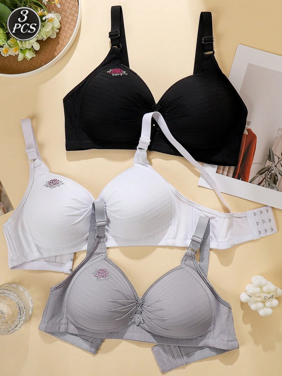 Set de 3 sujetadores de mujer maduros, inalámbricos/sin sujetador, con forro no extraíble, de nailon, cómodos y de soporte de elevación
