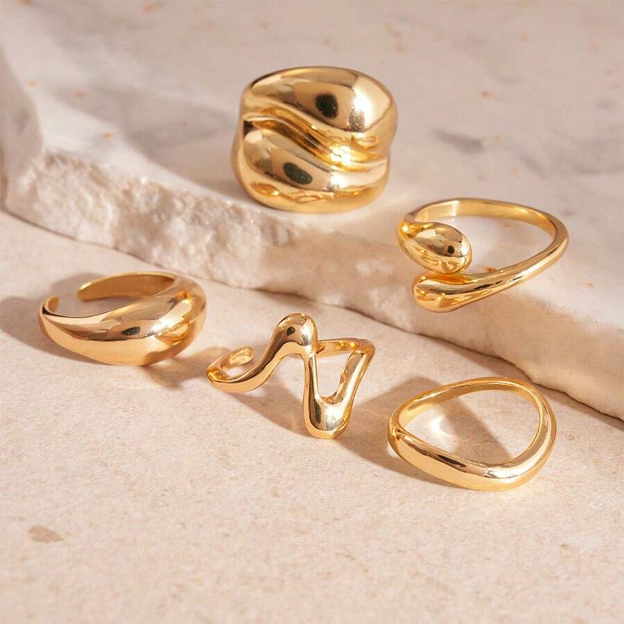 5 pièces Ensemble de bagues ouvertes torsadées liquides géométriques asymétriques à la mode en métal