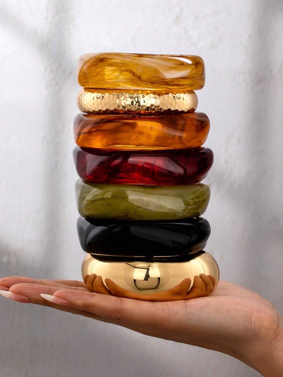 1 Pc America European Popular Geometric Resin Bangle Acrylic Cuff Bracelets Set , Women Jewelry Suitable For Daily Outfit , Party , Dating