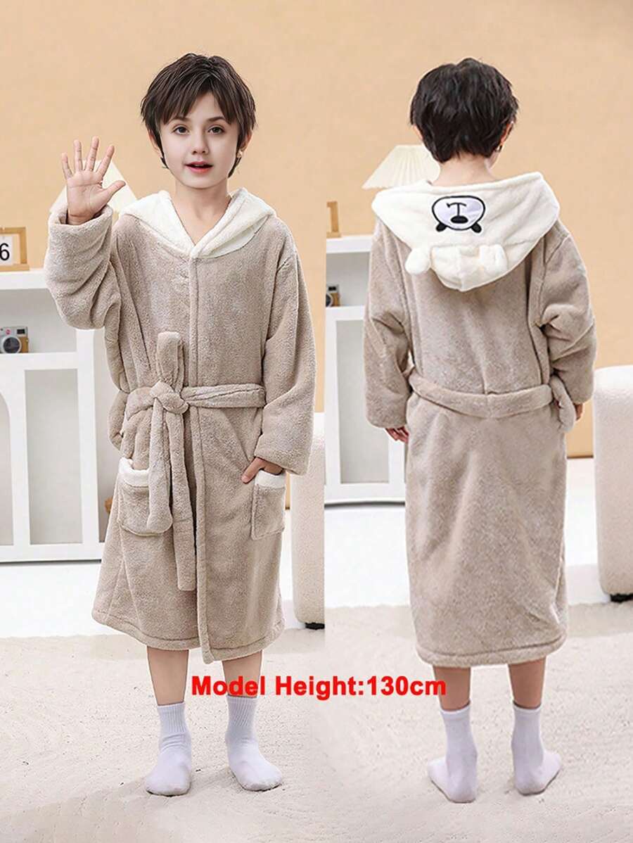 1 Pc Bear Hooded Patten Designed Bathrobe For Kids, Plush Coral Fleece Children's Bathrobe, Waist Belt Included, Multiple Colors Available, Morning Grown, Sleepwear Pajamas Toddler Soft Plush Robes Ultra Soft Water Absorbent Breathable Bath Towel Beach Towel Pool Towel, Suitable For Bathroom, Bedroom, Home, Hotel, Party, Swimming Pool, Birthday Presents, Gifts, Back To School
