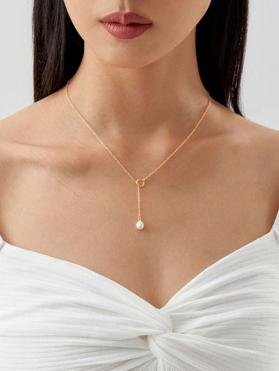 1 colar feminino em formato de Y com pérolas naturais banhadas a ouro 18K para primavera/verão