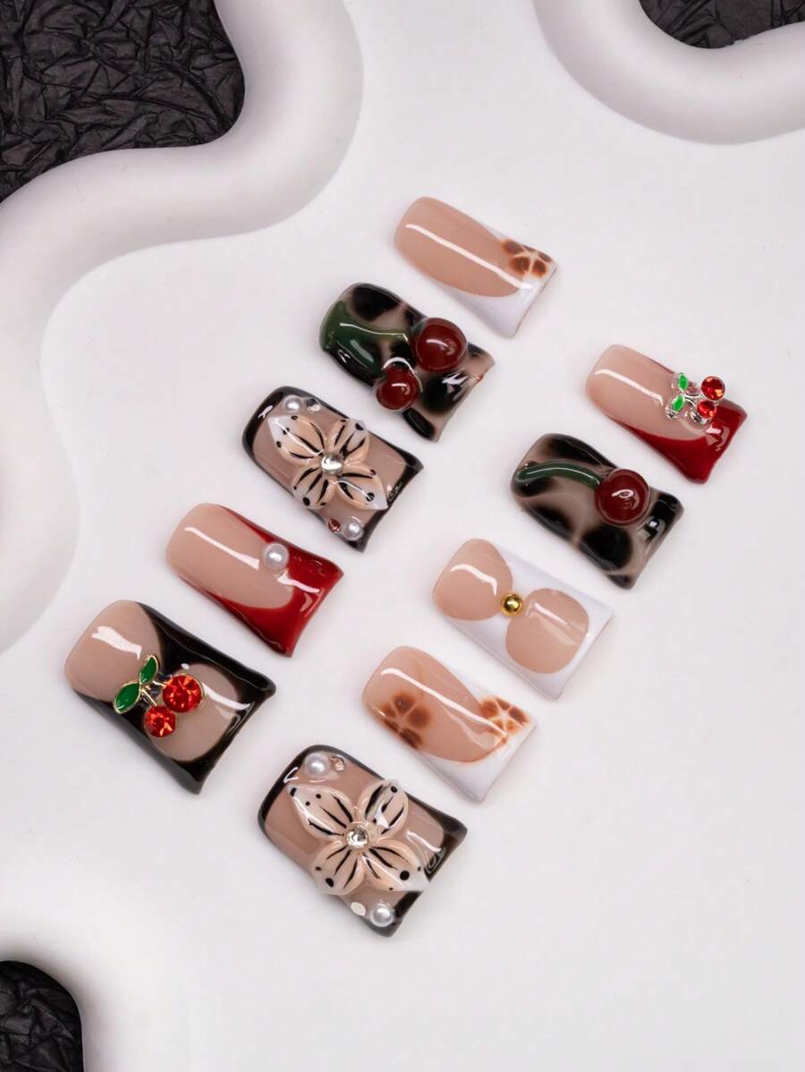 10pcs/Set Handmade Y2K Style Duck Mouth Fake Nails With French Edge, Hollow Carving, Tie Dye, Cherry, Pearl Design In Nude, Black, White, Red Colors, Suitable For Parties, Dances, Daily Wear, Comes With Tool Kit, Great Gift For Women And Girls