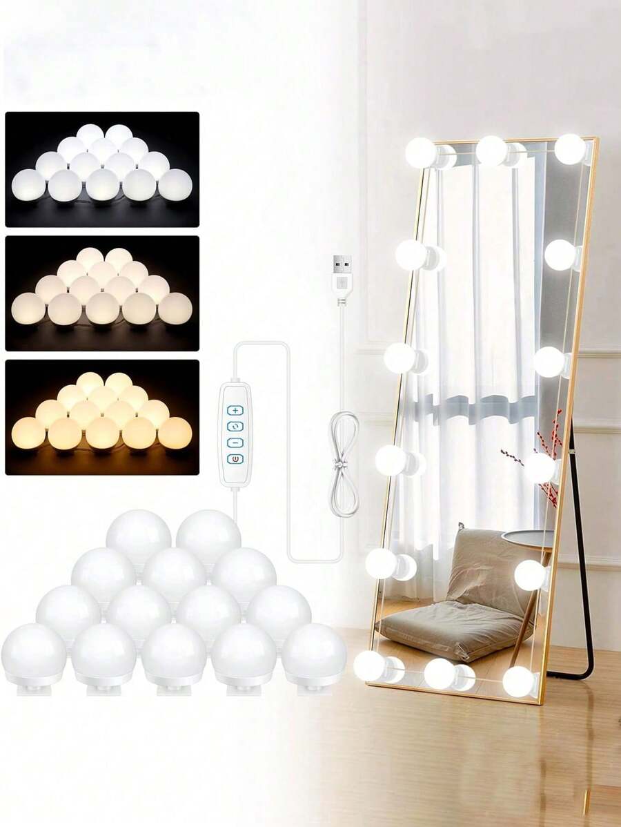 1 Lâmpada Ajustável Tri-Color USB, Lâmpada com 4/6/8/10/12/14 LED, Luzes de Espelho Ajustáveis em 3 Cores, Espelho de Vestir com Luz 3000K Quente, 4000K Natural e 6500K Branco Diurno, Luz de Espelho de Maquiagem Portátil, Adequada para Espelhos de Maquiagem, Iluminação de Espelho de Banheiro, Vários Cenários