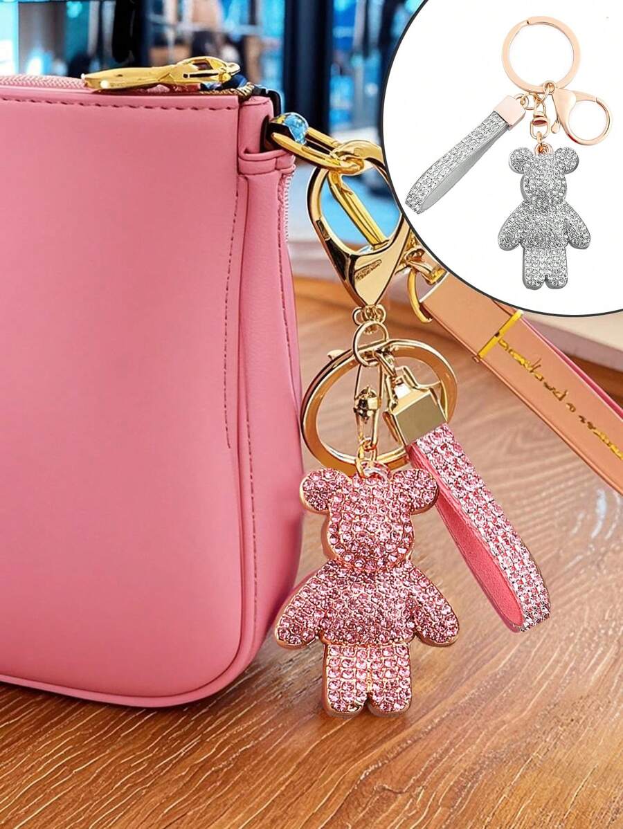 1pc Creative New Rhinestone Violent Bear Bag Charm Keychain Bling Keychain Accessory Elegant & Delicate Design Suitable As Backpack Ornament Or Gift For Women